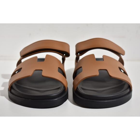 Hermes Chypre Sandal Natural Brown Leather Black Strap Slide Slip On Flat 39.5 - Picture 5 of 12